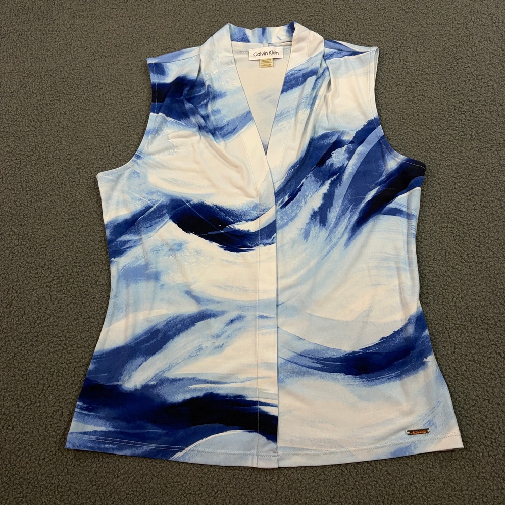Calvin Klein Top Womens PS Blue Abstract Sleeveless V-Neck Blouse T25TM31L